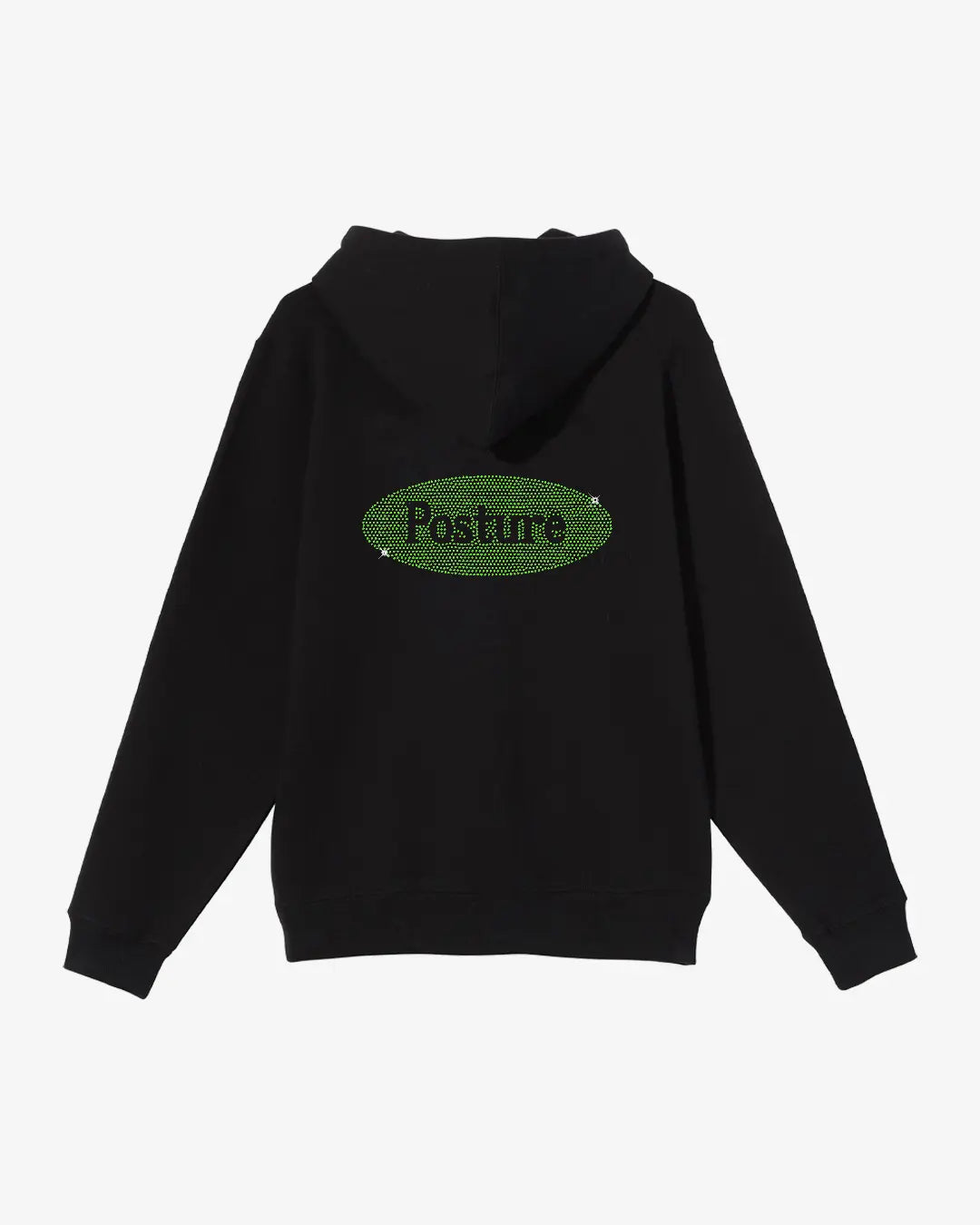 Black hoodie with green logo on the back against a white background