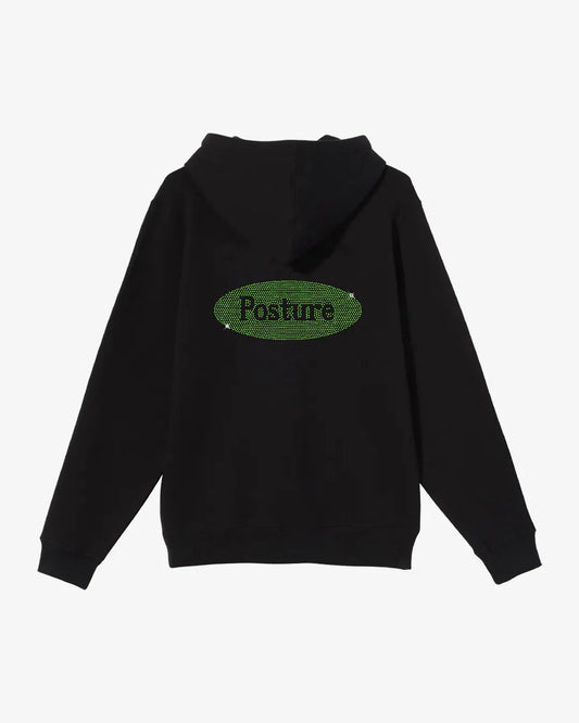 Black hoodie with green logo on the back against a white background