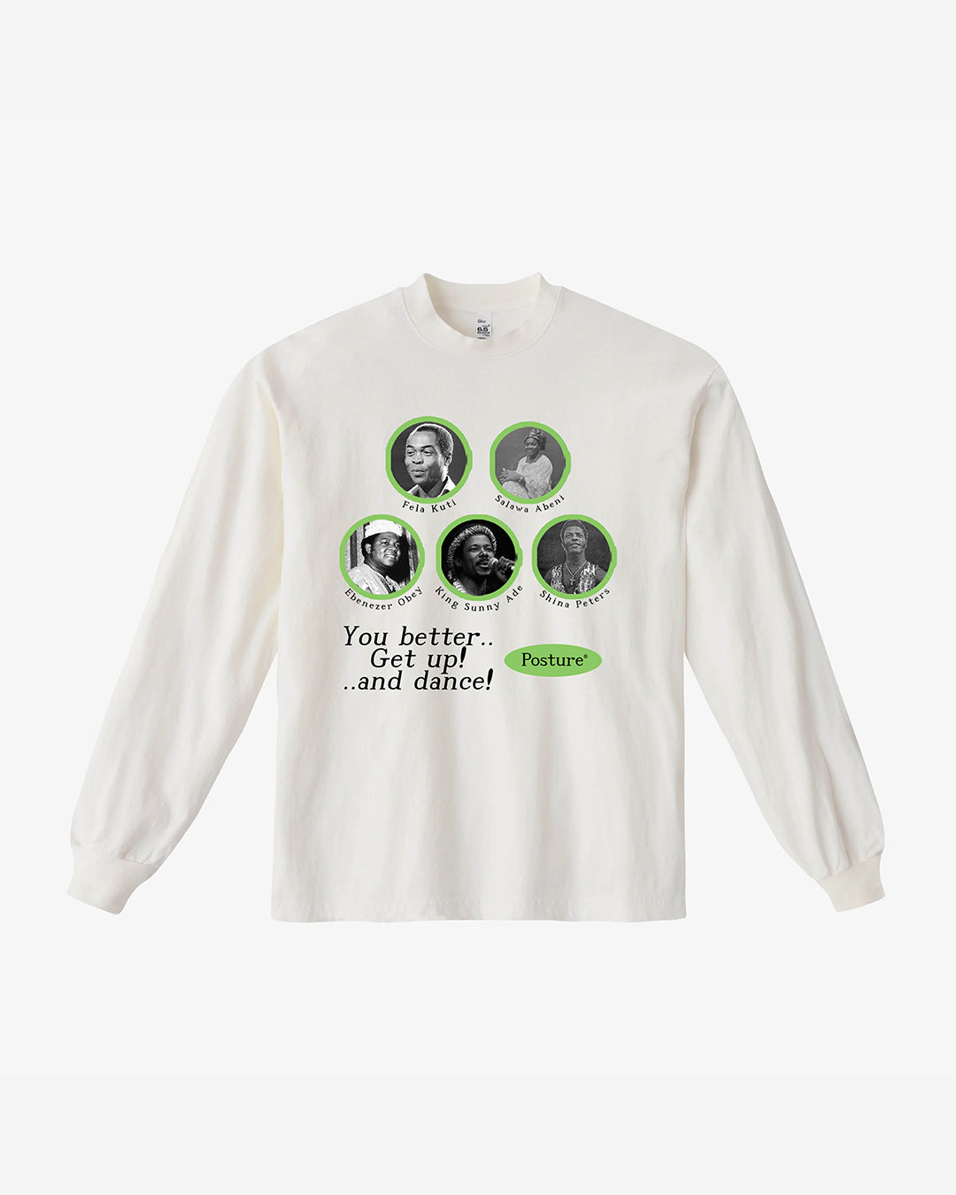 White sweatshirt with graphic design and text on a white background