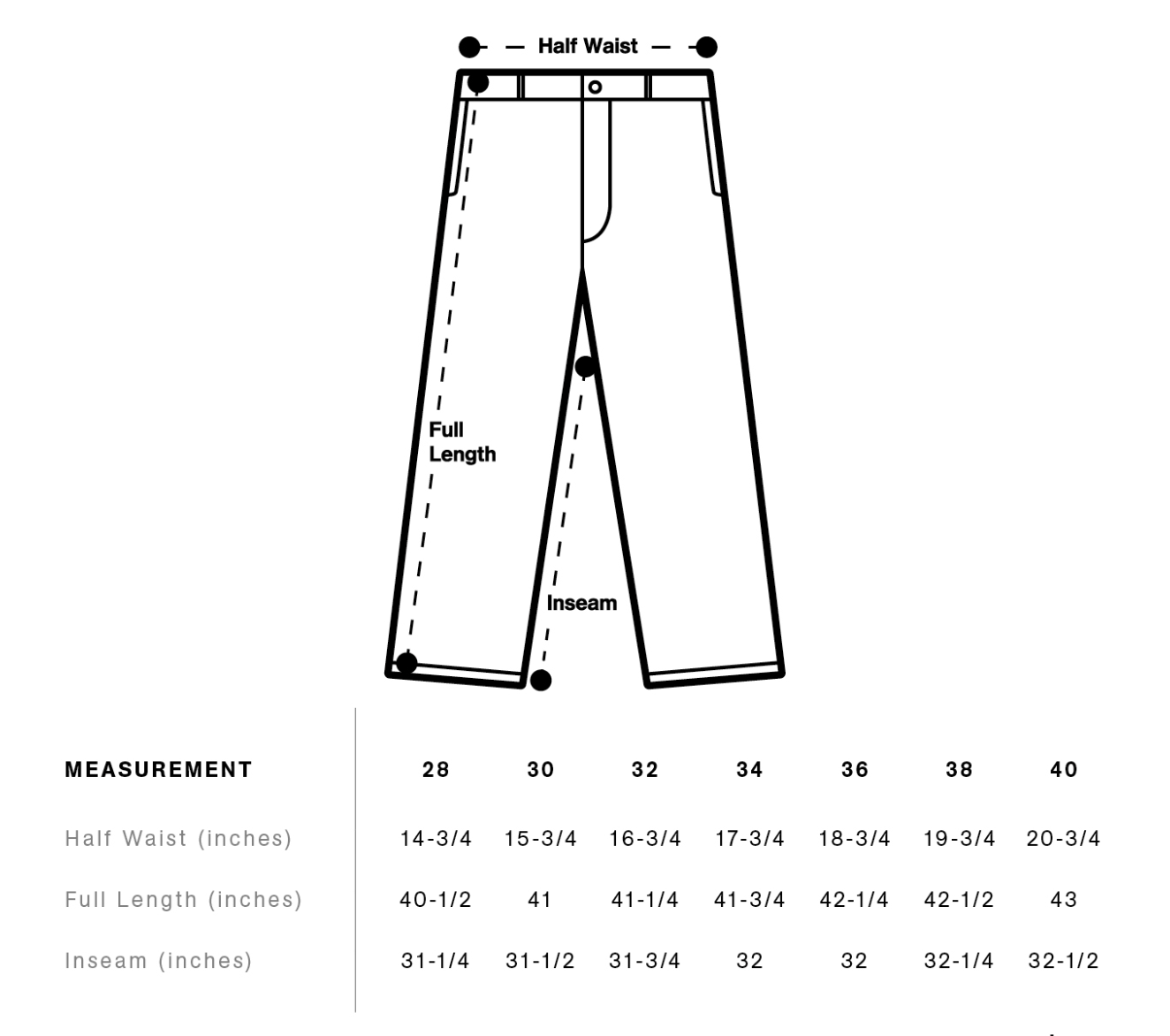 Diagram of pants with measurement points and a corresponding measurement chart on a white background.