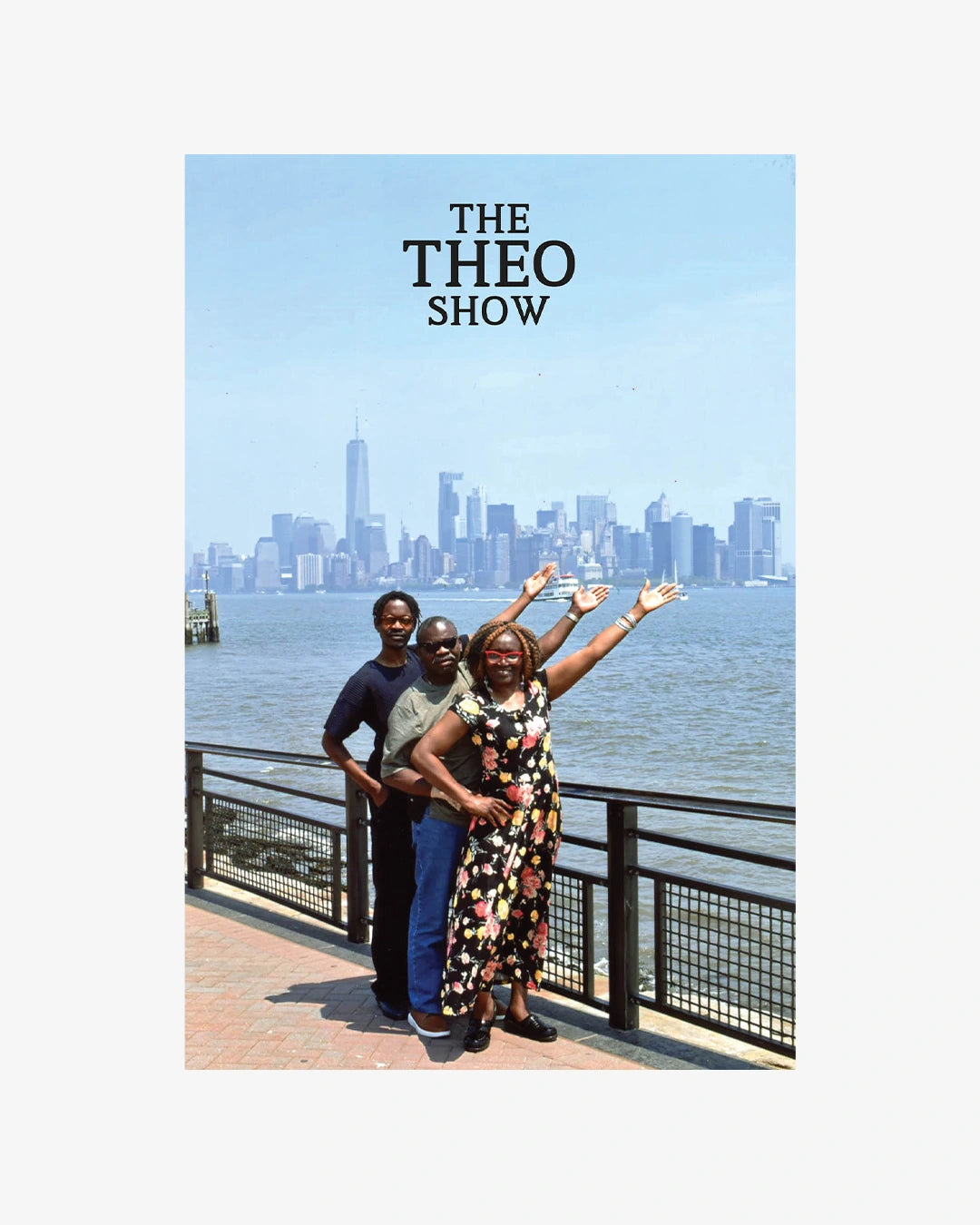 Three people posing with a city skyline in the background, featuring 'The Theo Show' logo.