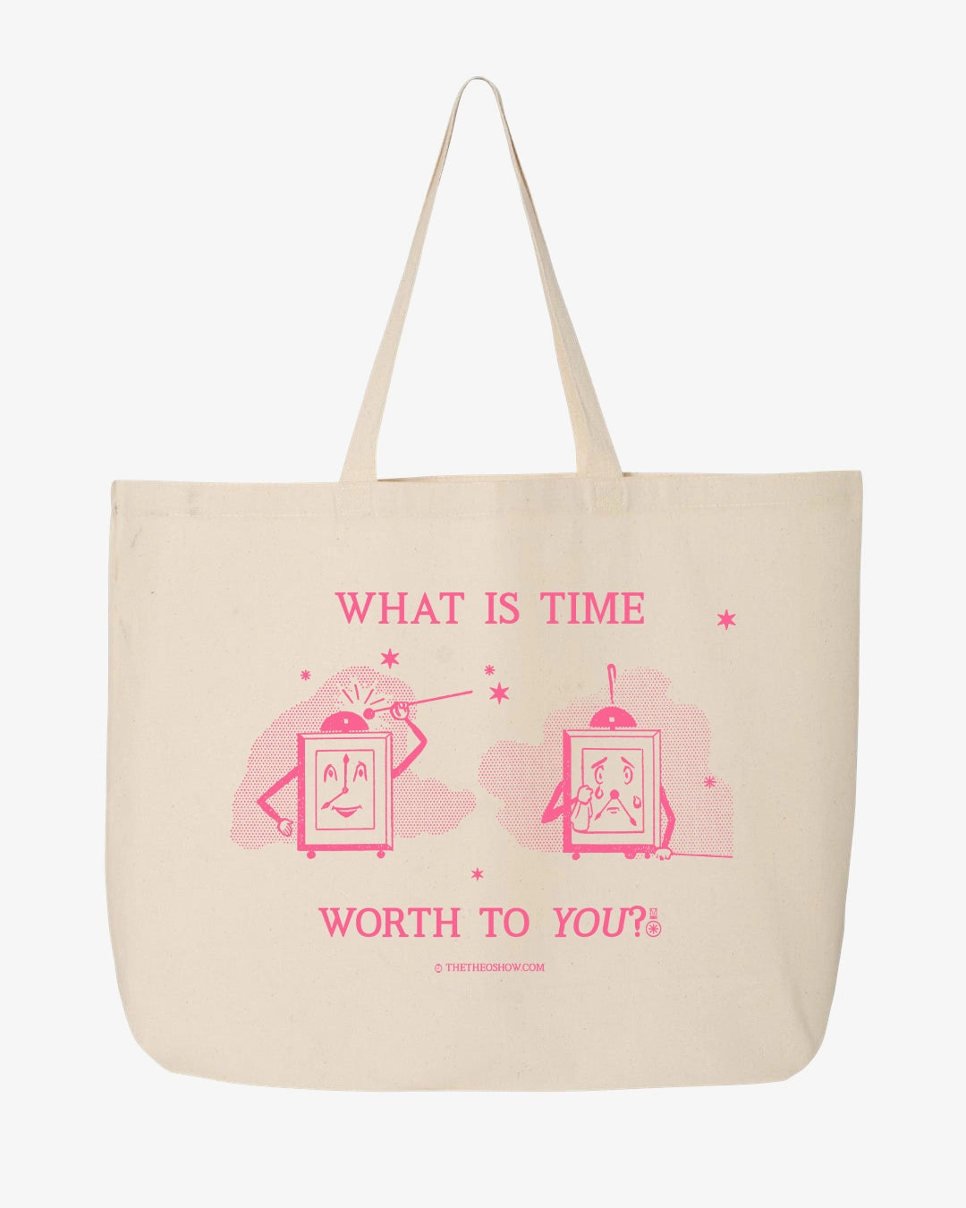 Beige tote bag with pink text and graphics on a white background