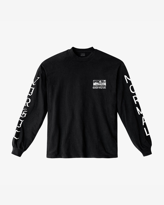 Black long-sleeve shirt with white text and graphics on a white background