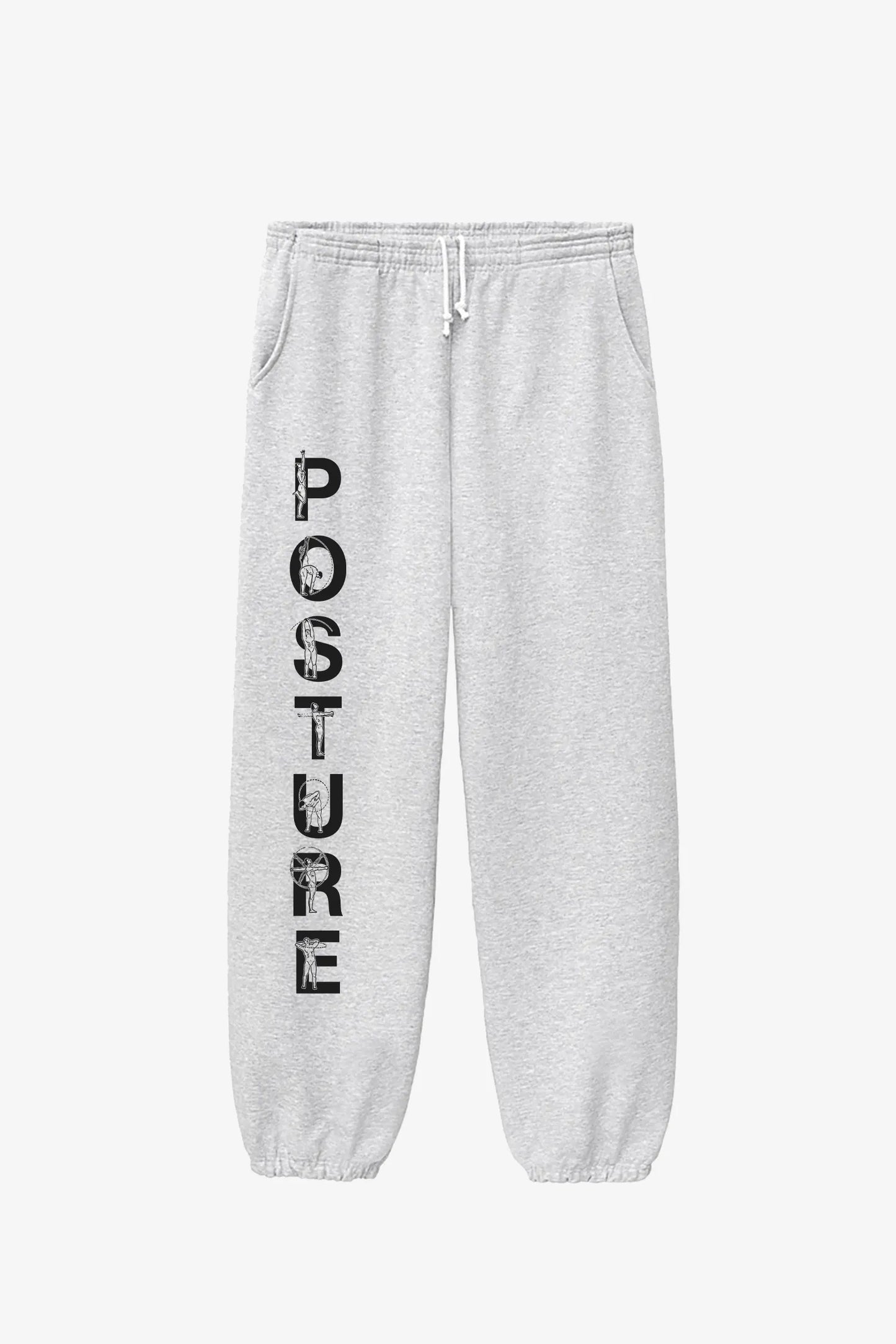 Gray sweatpants with 'POSTURE' text on a white background