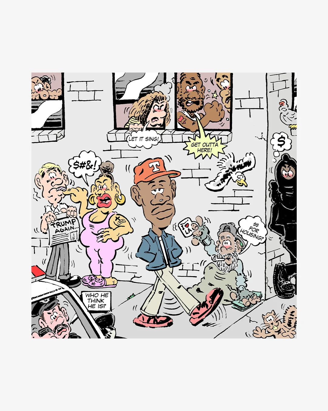Cartoon-style image with various characters and text bubbles on a white background