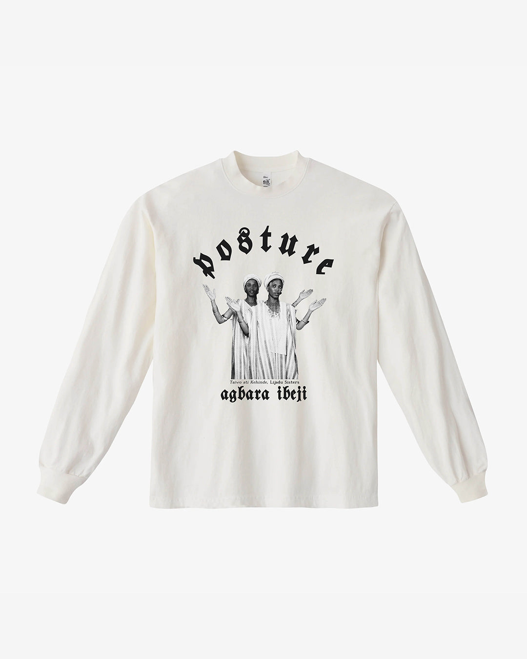 White long-sleeve shirt with graphic design and text on a white background