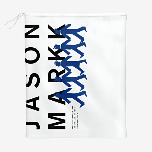White pouch with blue and black graphics and text on a white background