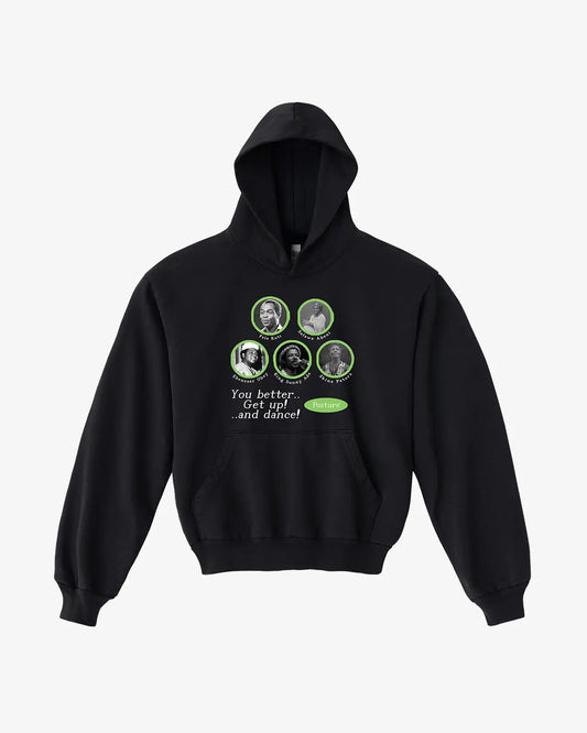 Black hoodie with graphic design on a white background