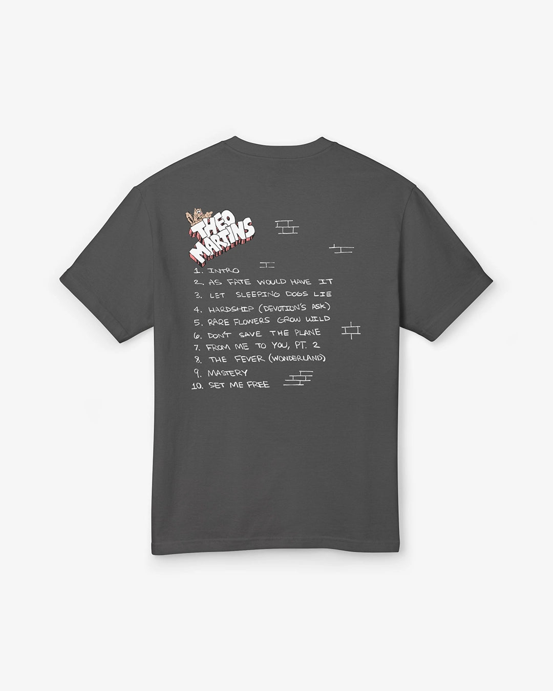 Gray t-shirt with text and graphics on the back against a white background