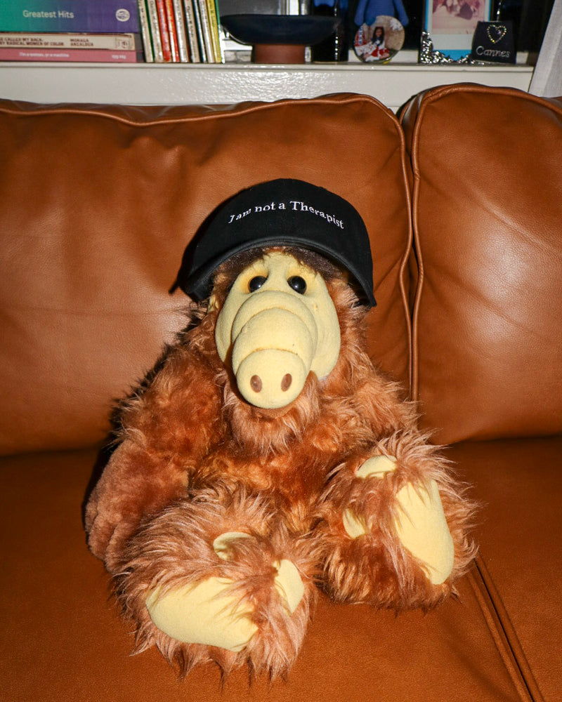 Stuffed animal wearing a black cap with text, sitting on a brown couch.