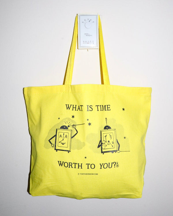 Yellow tote bag with text and graphic design on a white background