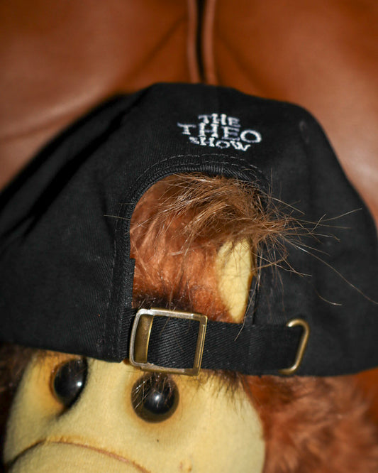 Close-up of a plush with a black cap labeled 'The Theo Show' on a brown background.