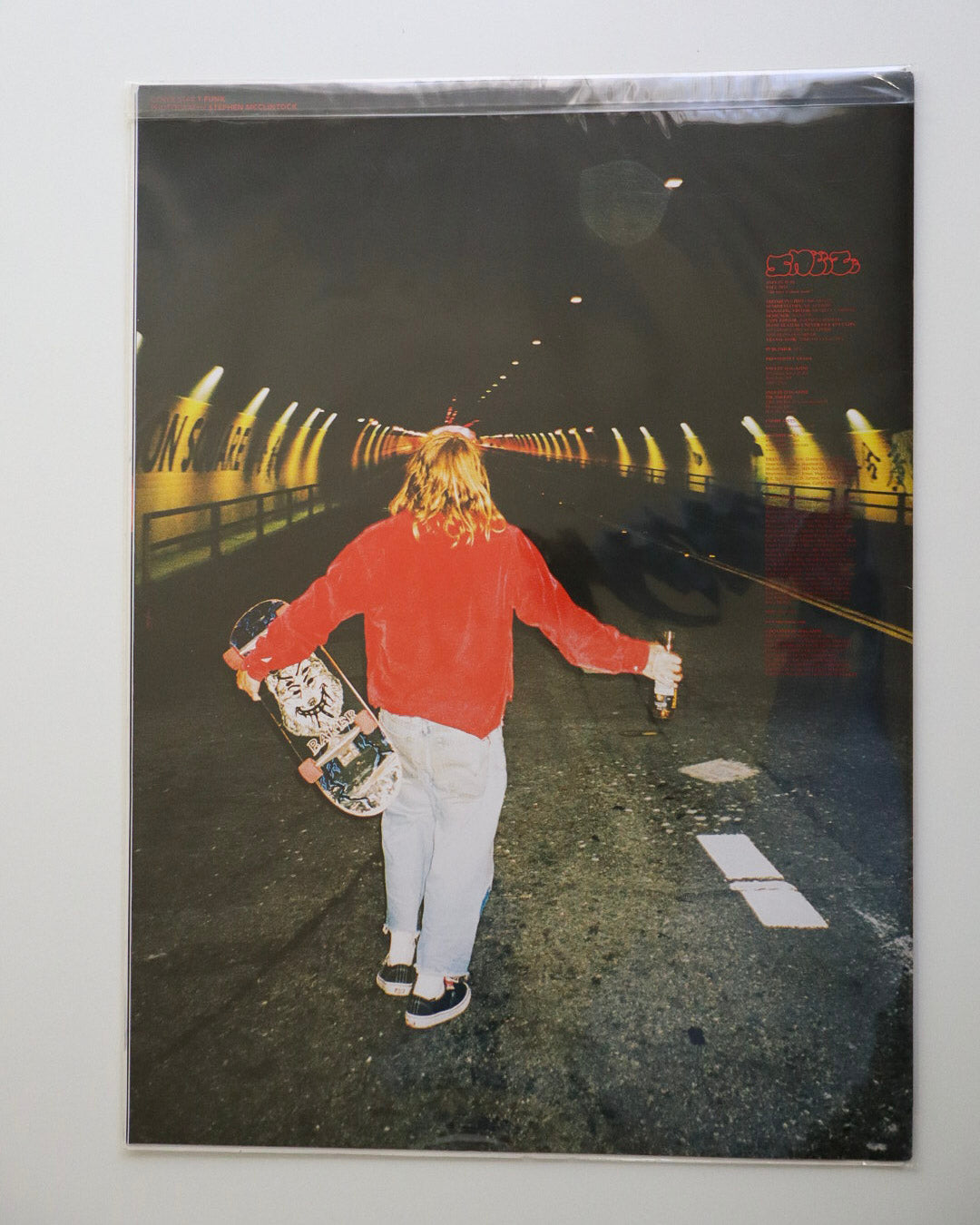 Person holding a skateboard on a road with a tunnel in the background