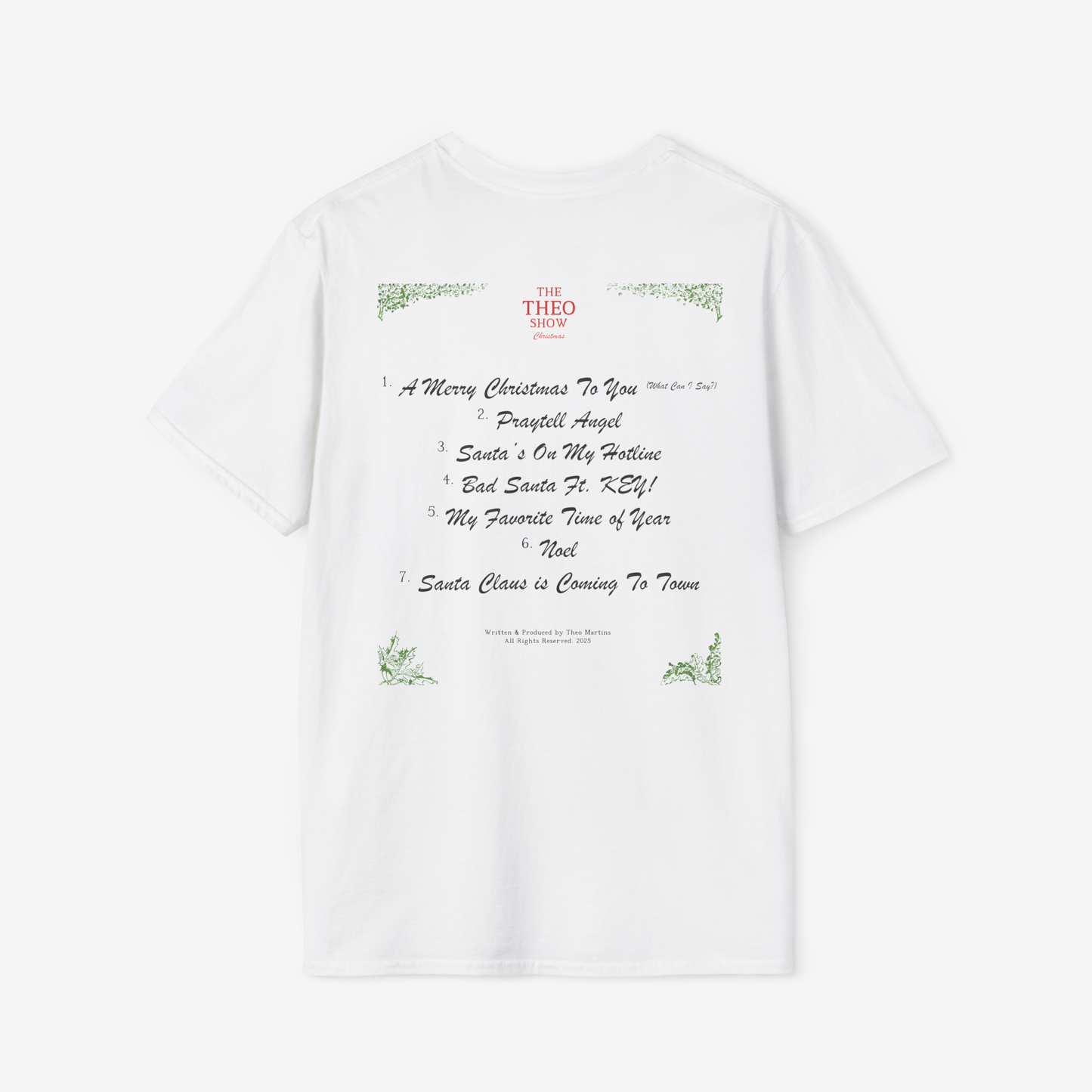 White t-shirt with Christmas-themed text and graphics on a white background