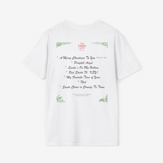 White t-shirt with Christmas-themed text and graphics on a white background