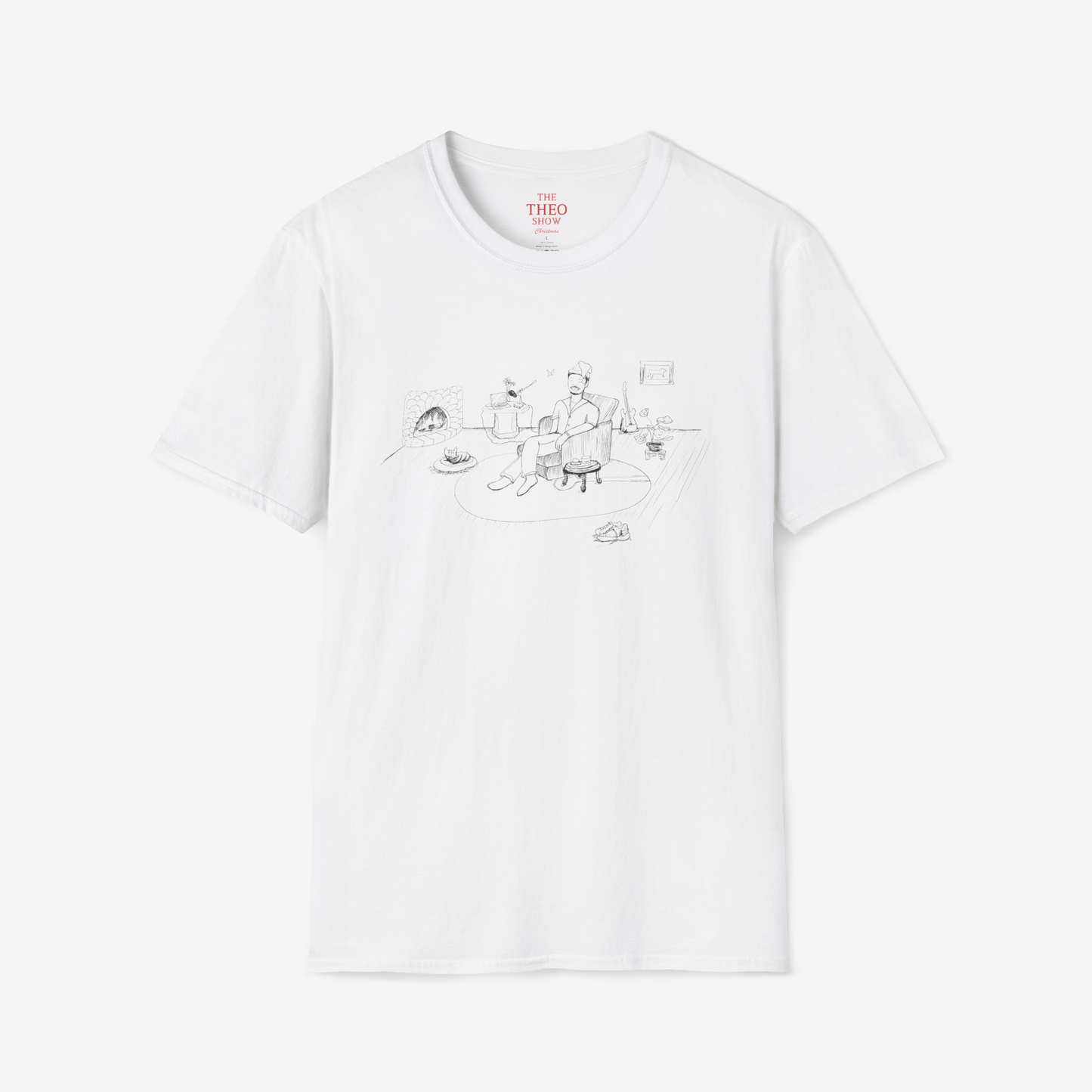 White t-shirt with a graphic design on a white background