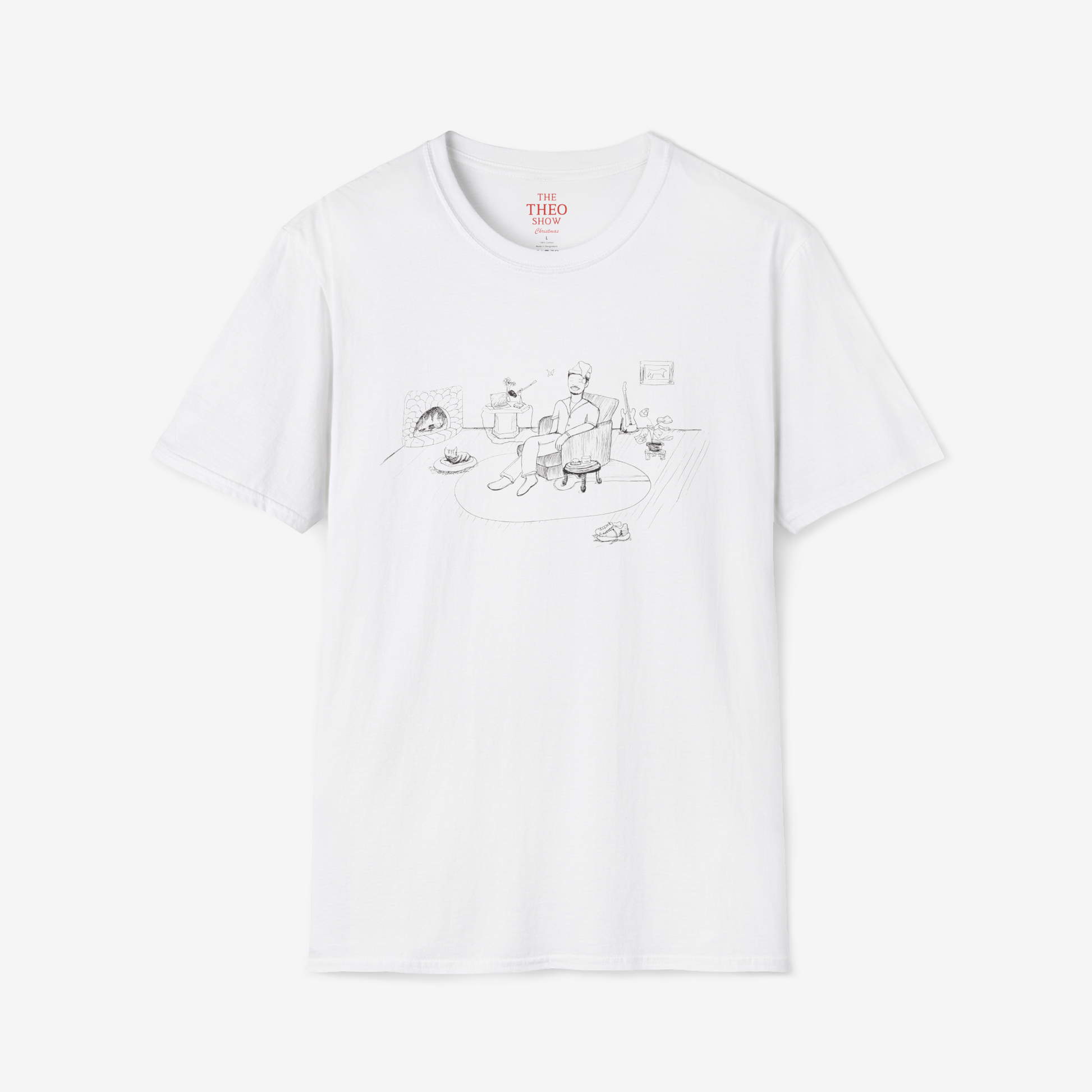 White t-shirt with a graphic design on a white background