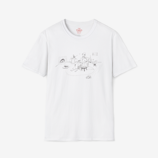 White t-shirt with a graphic design on a white background