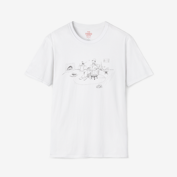 White t-shirt with a graphic design on a white background
