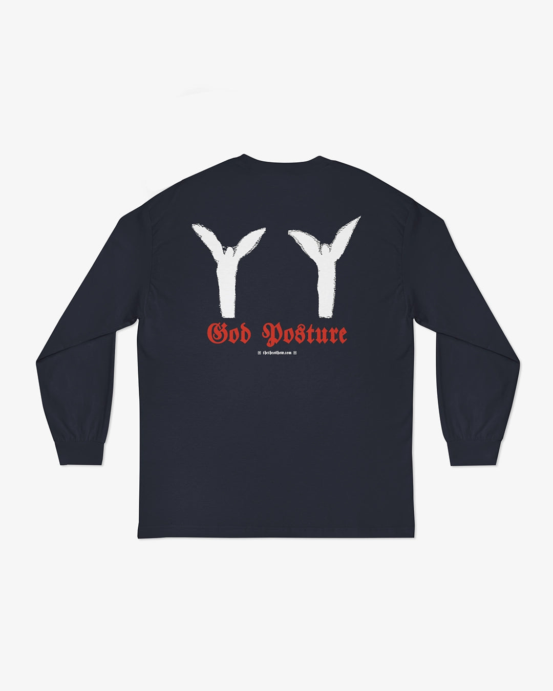 Black long-sleeve shirt with white graphics and 'God Posture' text on a white background