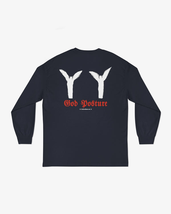 Black long-sleeve shirt with white graphics and 'God Posture' text on a white background