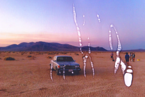Car in a desert with large abrasions illustrations overlayed