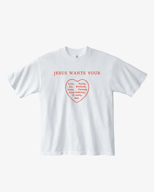 White t-shirt with red text and heart graphic on a white background