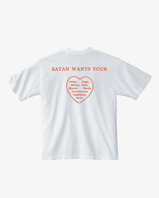White t-shirt with red text and heart design on a white background