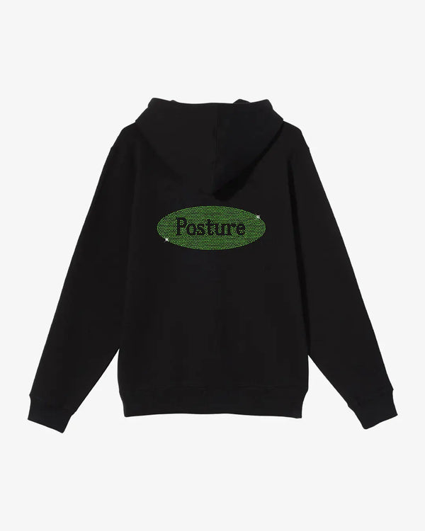 Black hoodie with green logo on the back against a white background