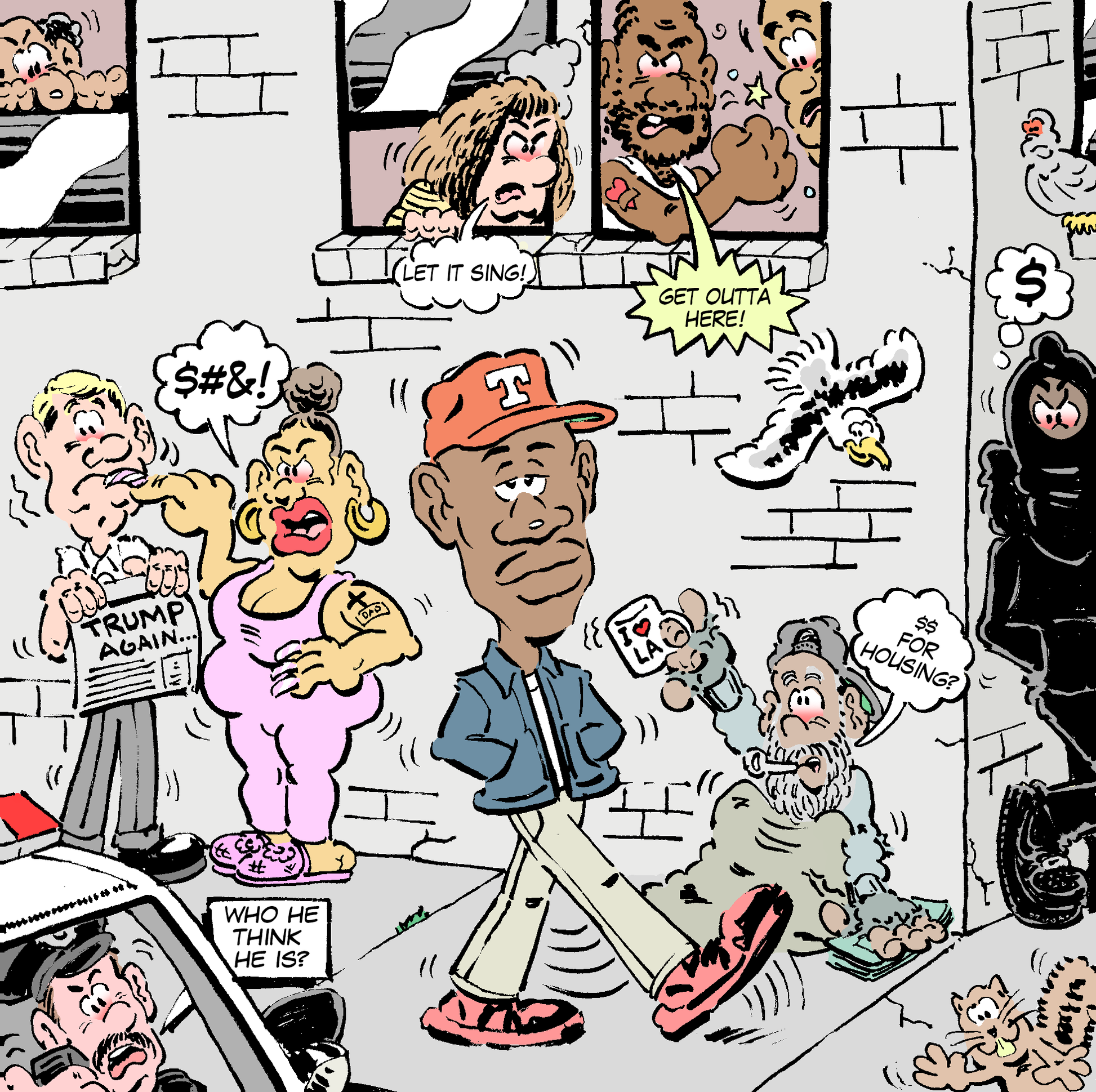 Cartoon scene with various characters and text bubbles in a comic book style.