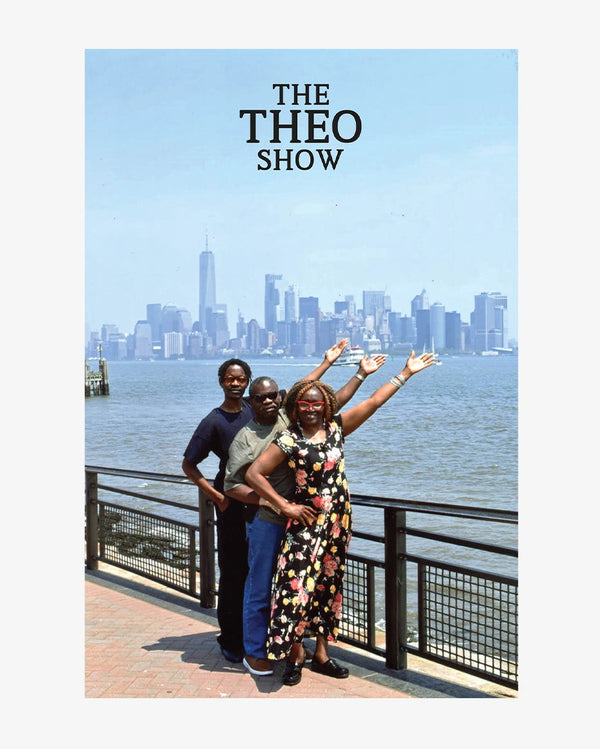 Three people posing with a city skyline in the background, featuring 'The Theo Show' logo.