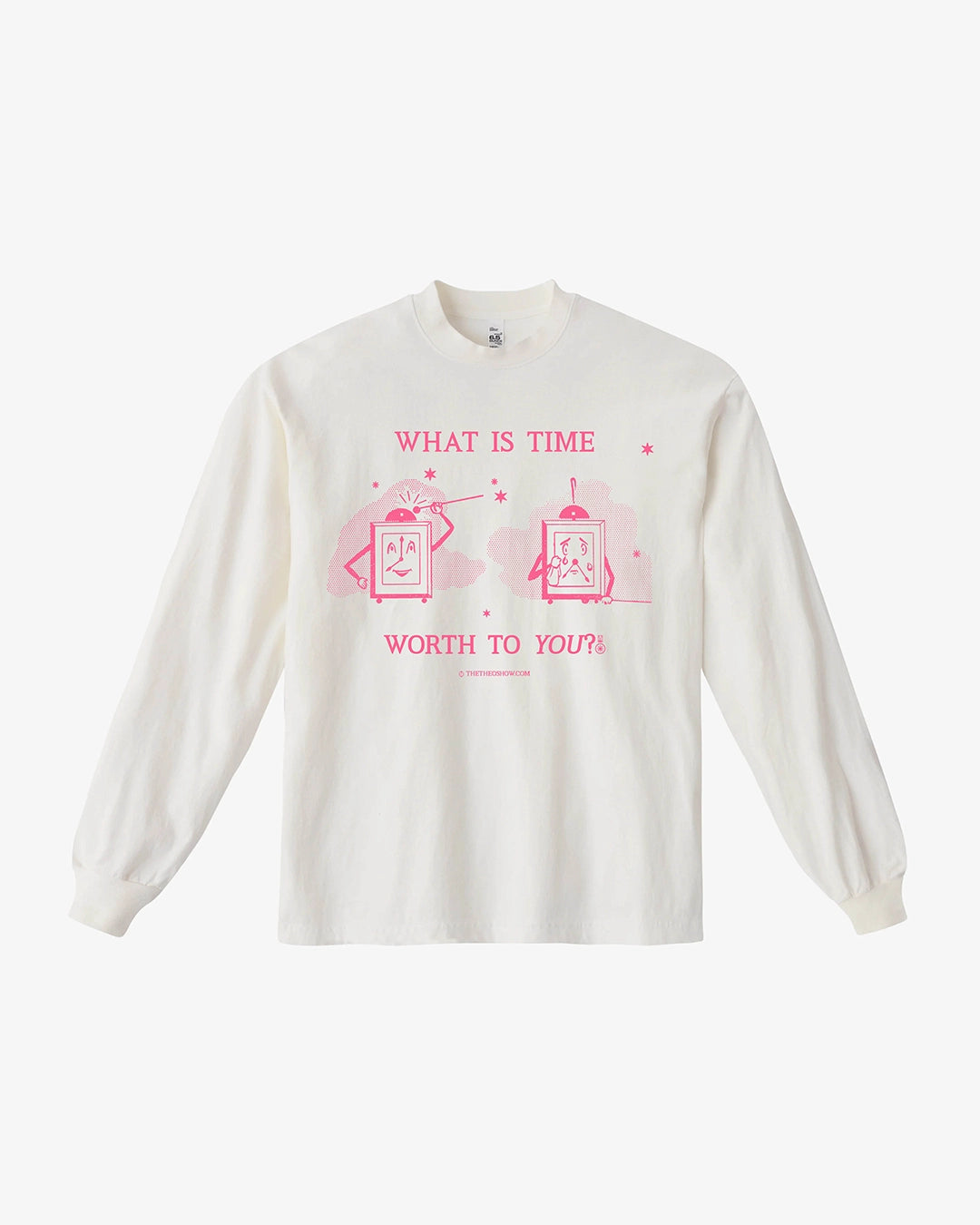 White long-sleeve shirt with pink text and graphics on a white background