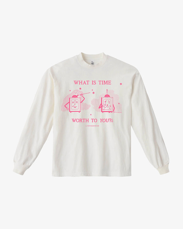 White long-sleeve shirt with pink text and graphics on a white background