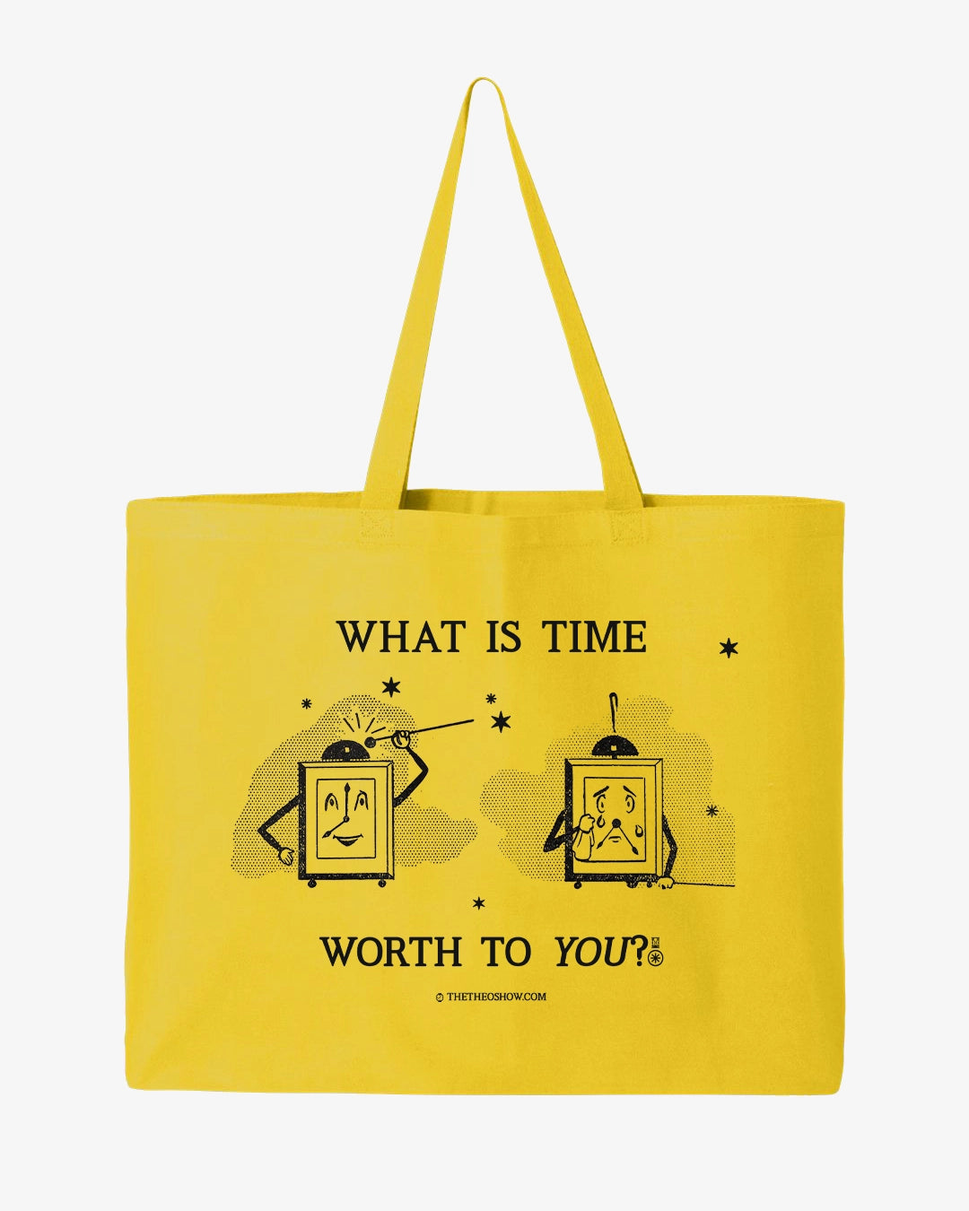 Yellow tote bag with black text and graphics on a white background