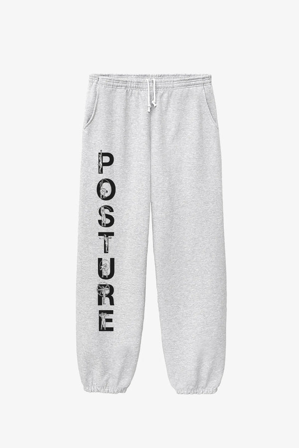 Gray sweatpants with 'POSTURE' text on a white background