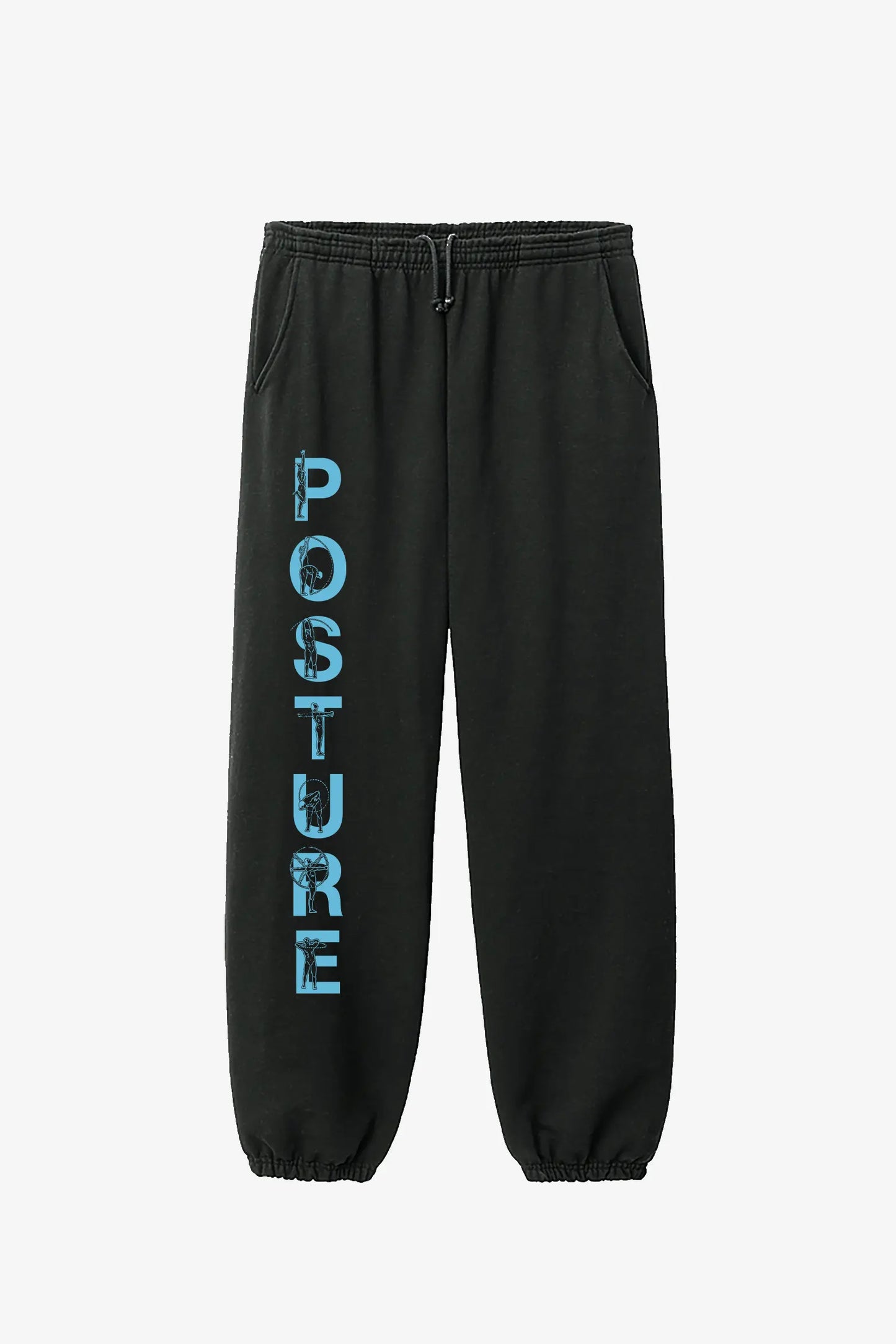 Black sweatpants with 'POSTURE' printed in blue on a white background