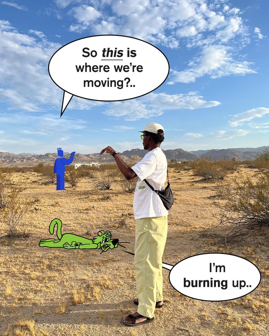 Person in a desert with a blue figure and green lizard, under a blue sky with clouds.