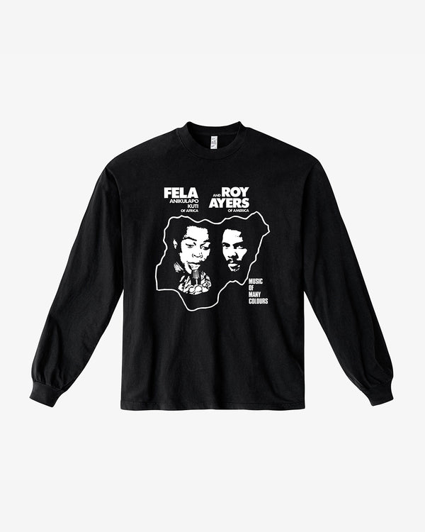 Black long-sleeve shirt with white graphic and text on a white background