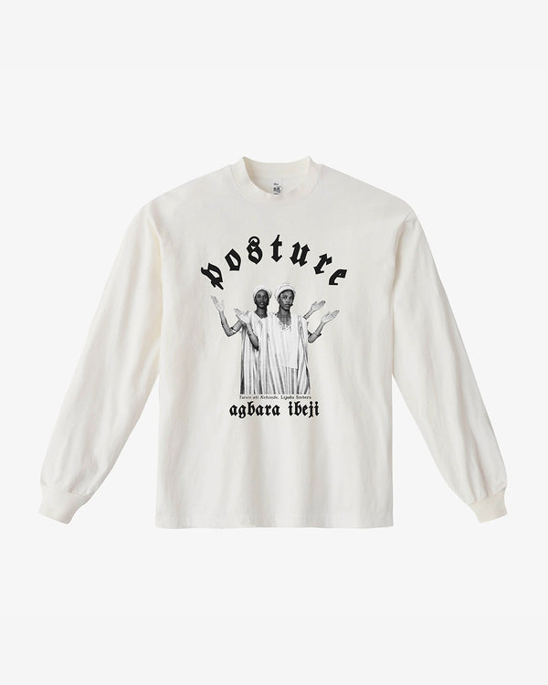 White long-sleeve shirt with graphic design and text on a white background