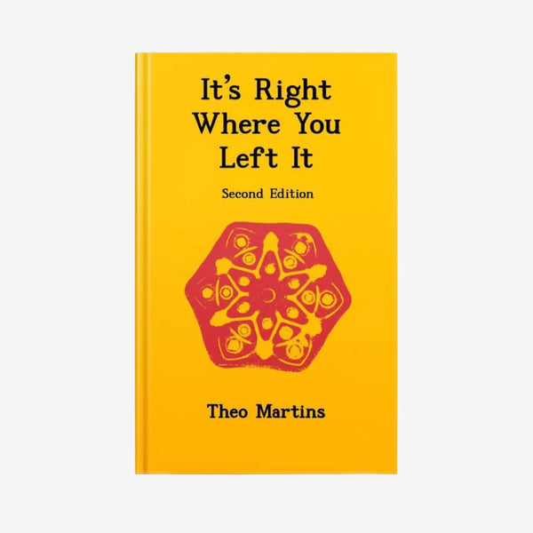 This image features the cover of the e-book "It's Right Where You Left It" by Theo Martins. The cover design is striking with its bright yellow background and prominent red title text.