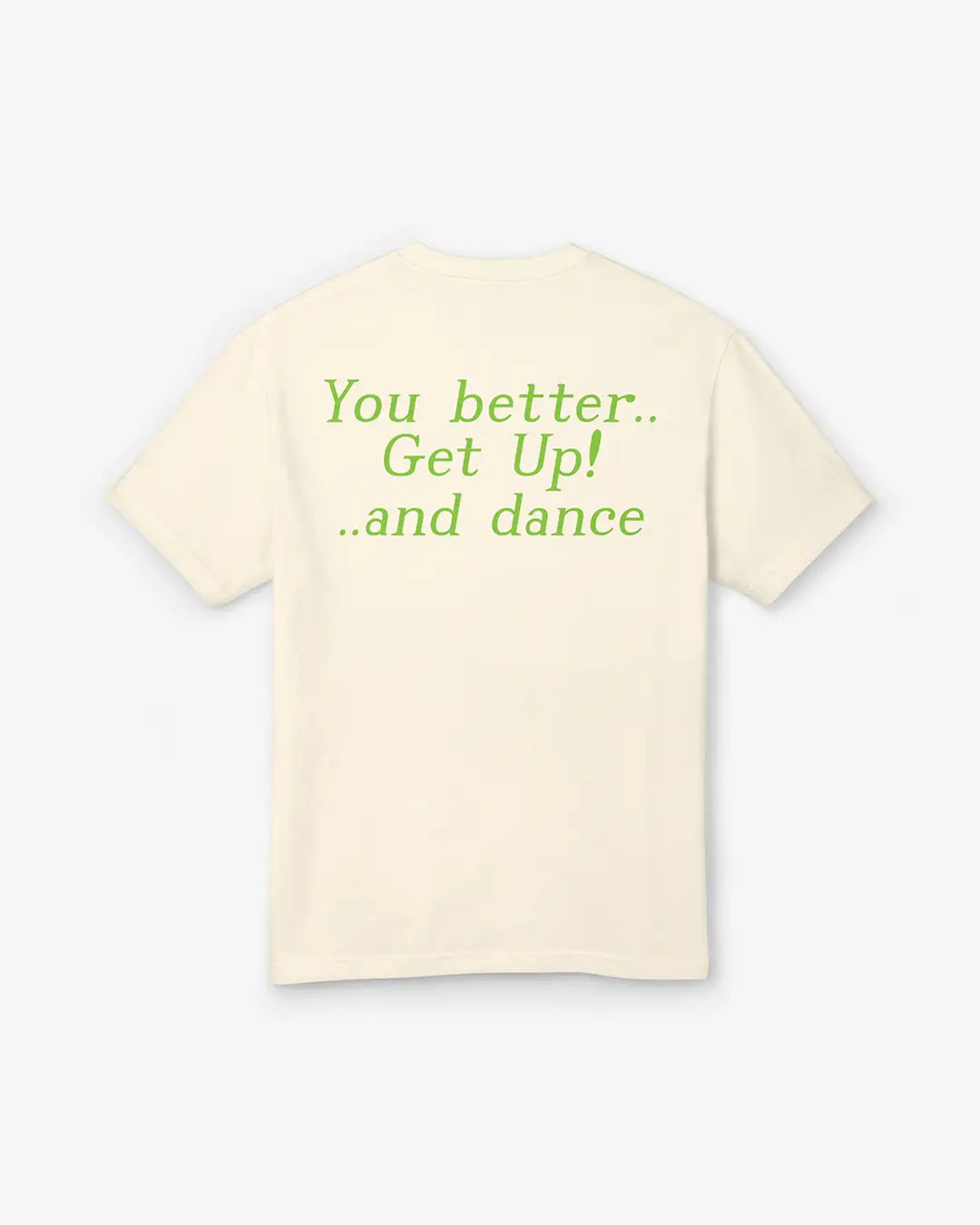 Beige t-shirt with green text on a white background