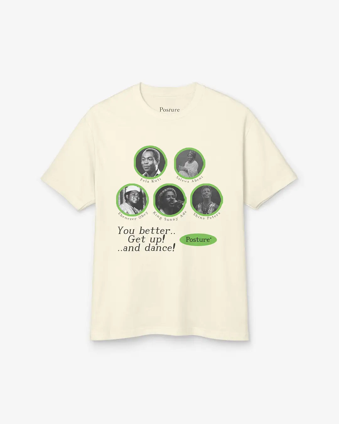 Beige t-shirt with graphic design and text on a white background