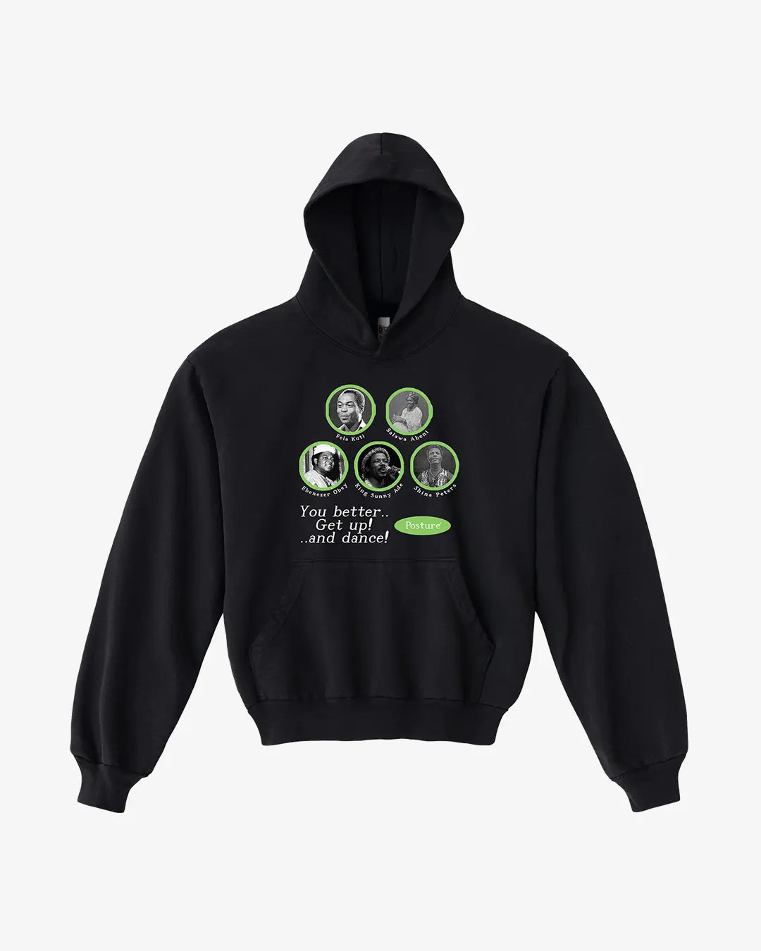 Black hoodie with graphic design on a white background