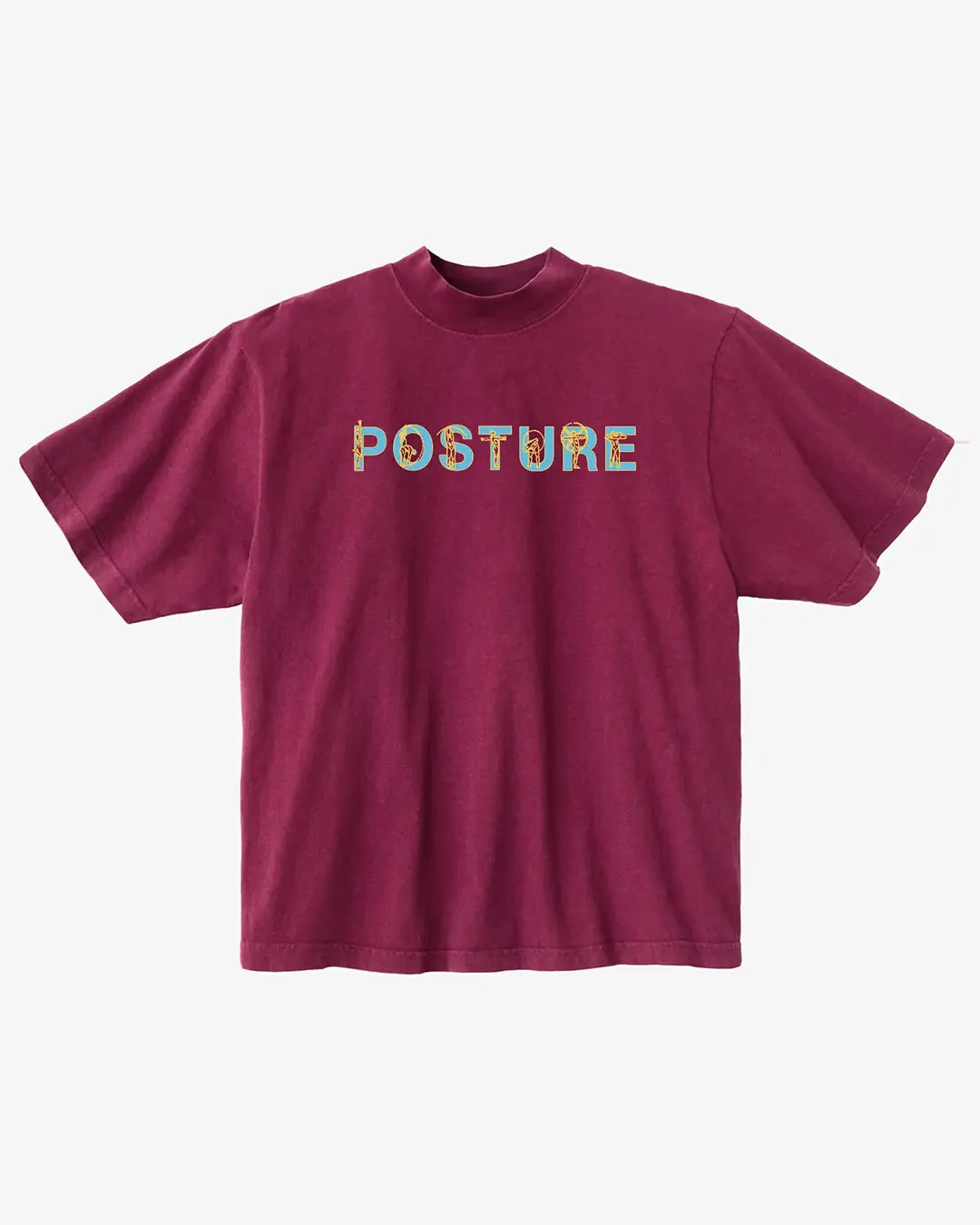 Maroon t-shirt with 'POSTURE' text on a white background