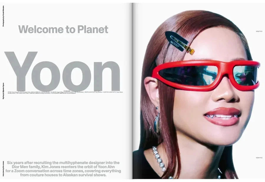 Magazine cover with a woman wearing red sunglasses and text 'Welcome to Planet Yoon'.