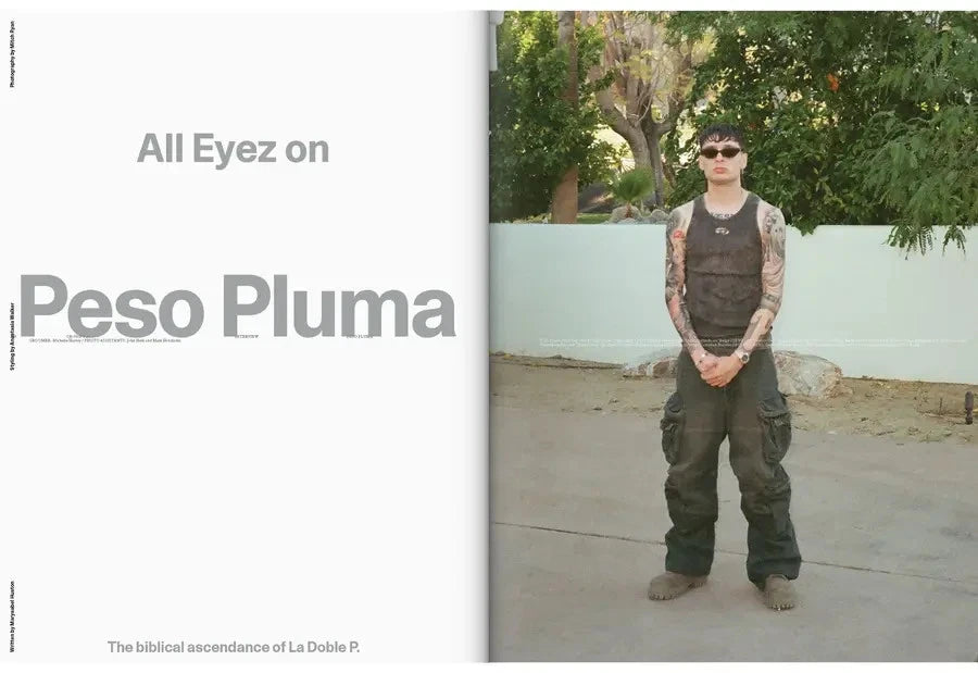 Person in camouflage clothing standing outdoors with text 'All Eyez on Peso Pluma' on a white background.