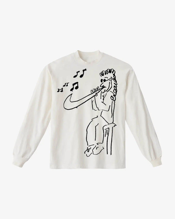 An off-white long-sleeve crewneck sweatshirt featuring a black line art graphic of a man playing a saxophone with floating musical notes on the front, displayed against a solid off-white background.