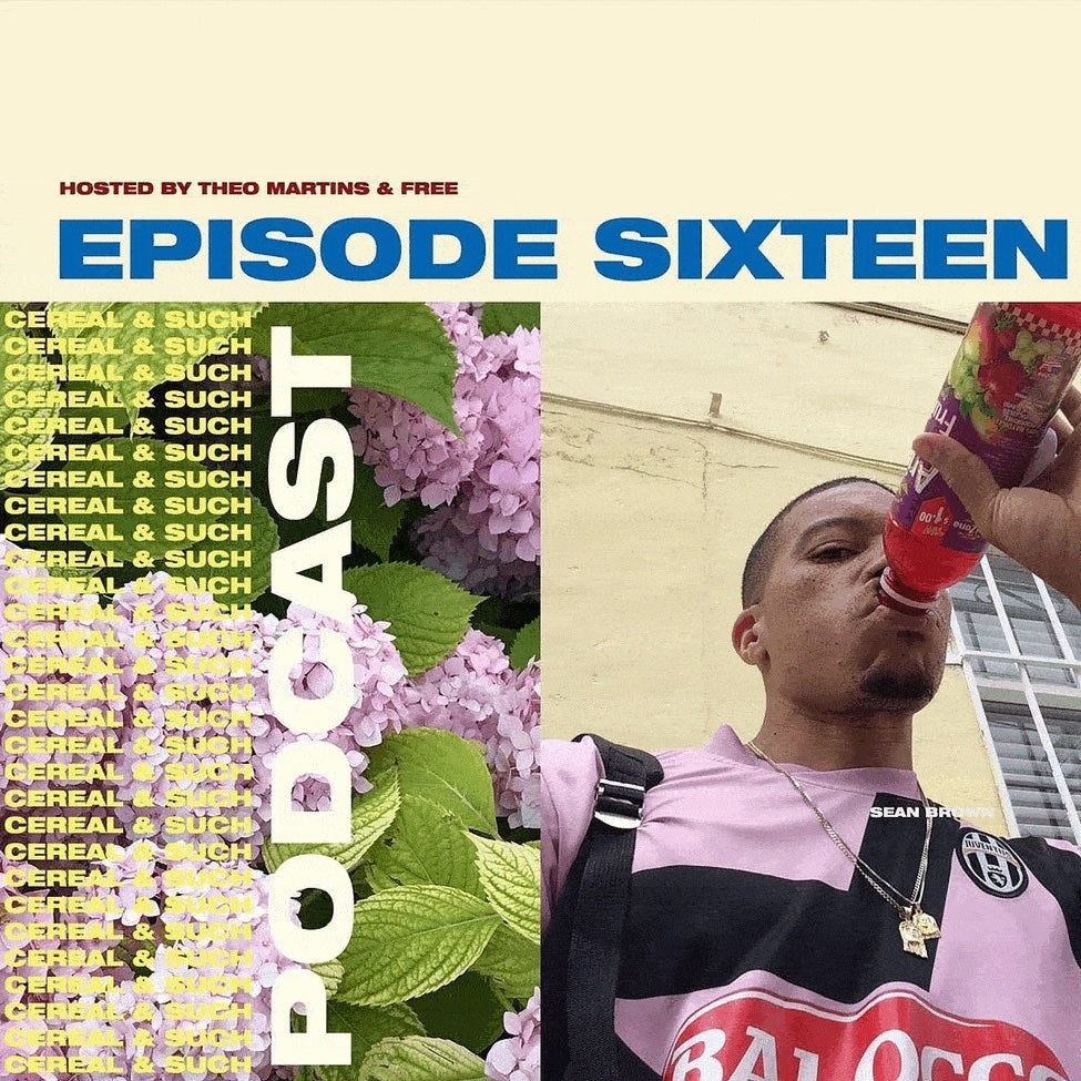 Promotional graphic for 'Episode Sixteen' of the podcast 'Cereal & Such Podcast', hosted by Theo Martins & Free. The design features a split layout: the left side displays pink hydrangeas and the word 'PODCAST' in white, while the right side shows a man in a pink and black Balenciaga shirt drinking from a red bottle against a beige building background.