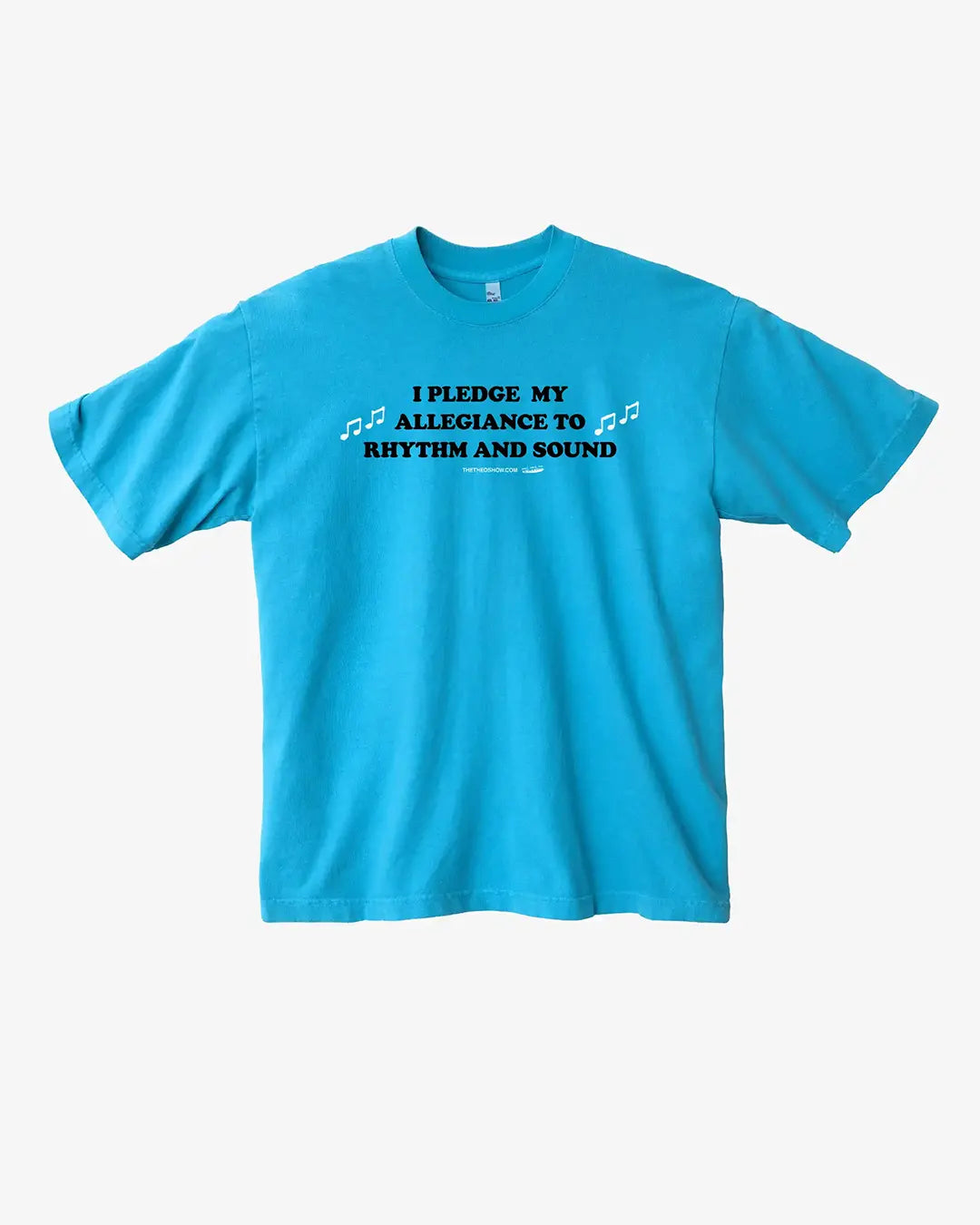 Blue t-shirt with text 'I Pledge My Allegiance to Rhythm and Sound' on a white background