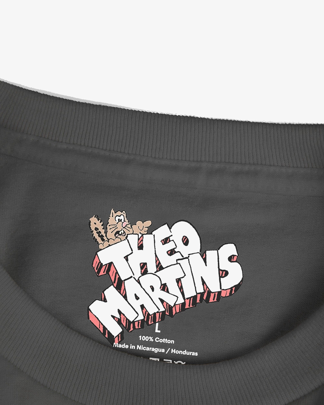 Black sweatshirt with 'Theo Martins' logo and text on a white background